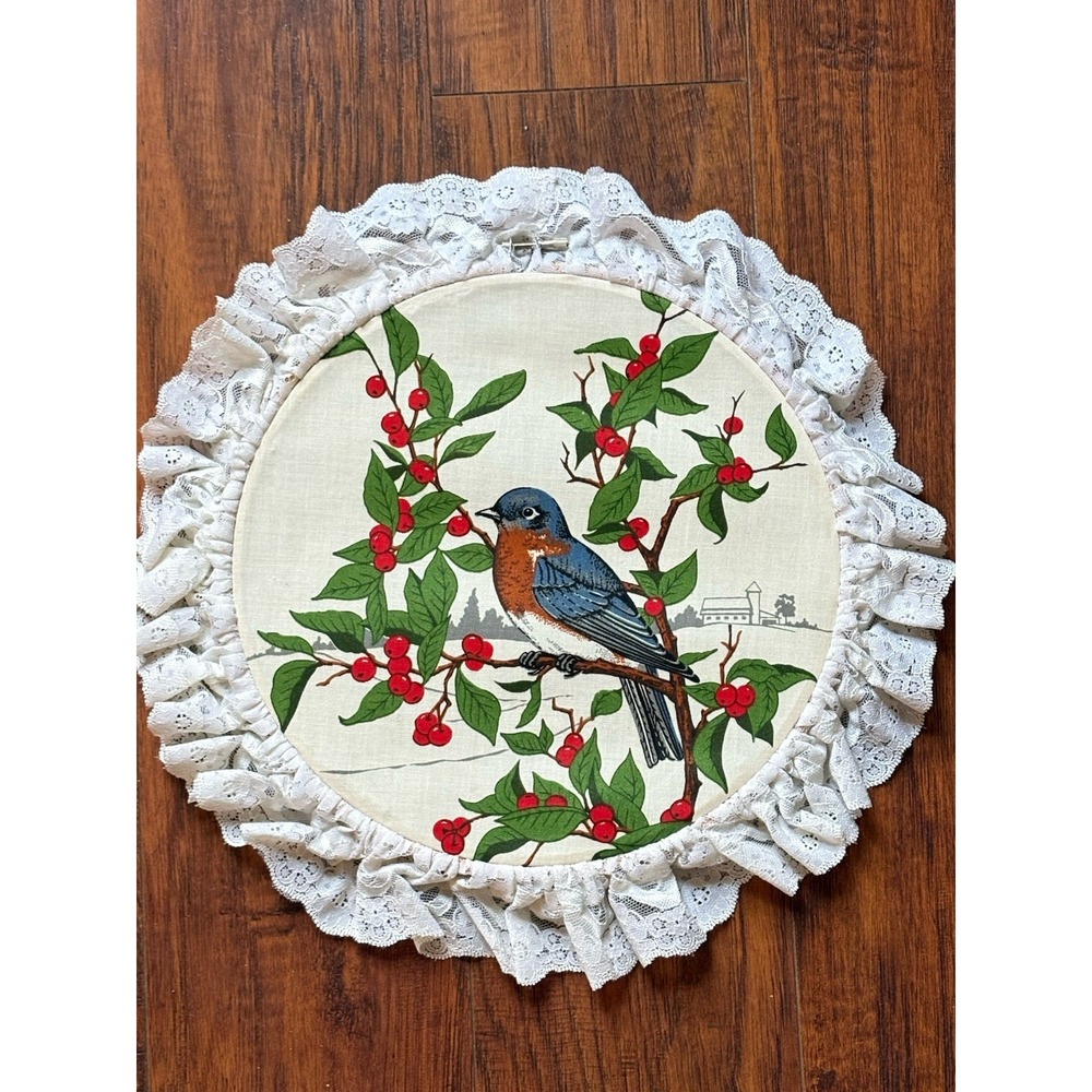 Vtg Blue Bird Fabric Wall Hanging Lace Ruffle Embroidery Hoop Cottagecore